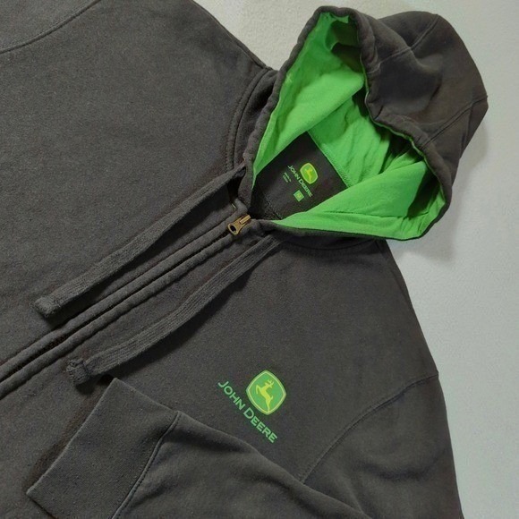 John Deere Mens Zip Up Hoodie Green Logo Tractor Farm Work Size M
